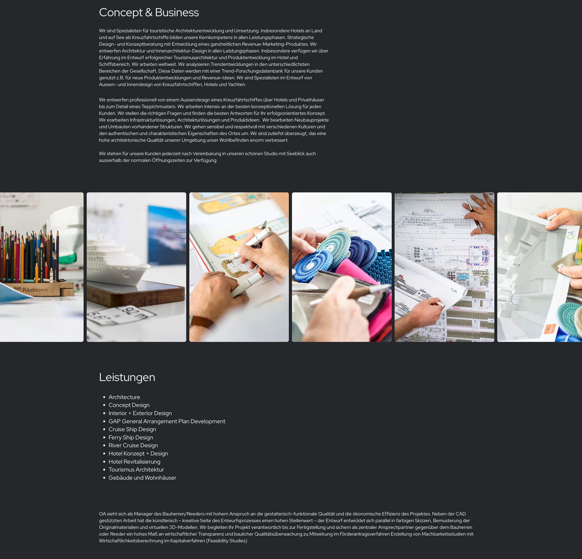 Ocean Architects Website Mockup – Leistungen Seite mit Visuals zu Architektur, Interior Design, Farbmustern und Architekturplänen, erstellt von Milan Istvan