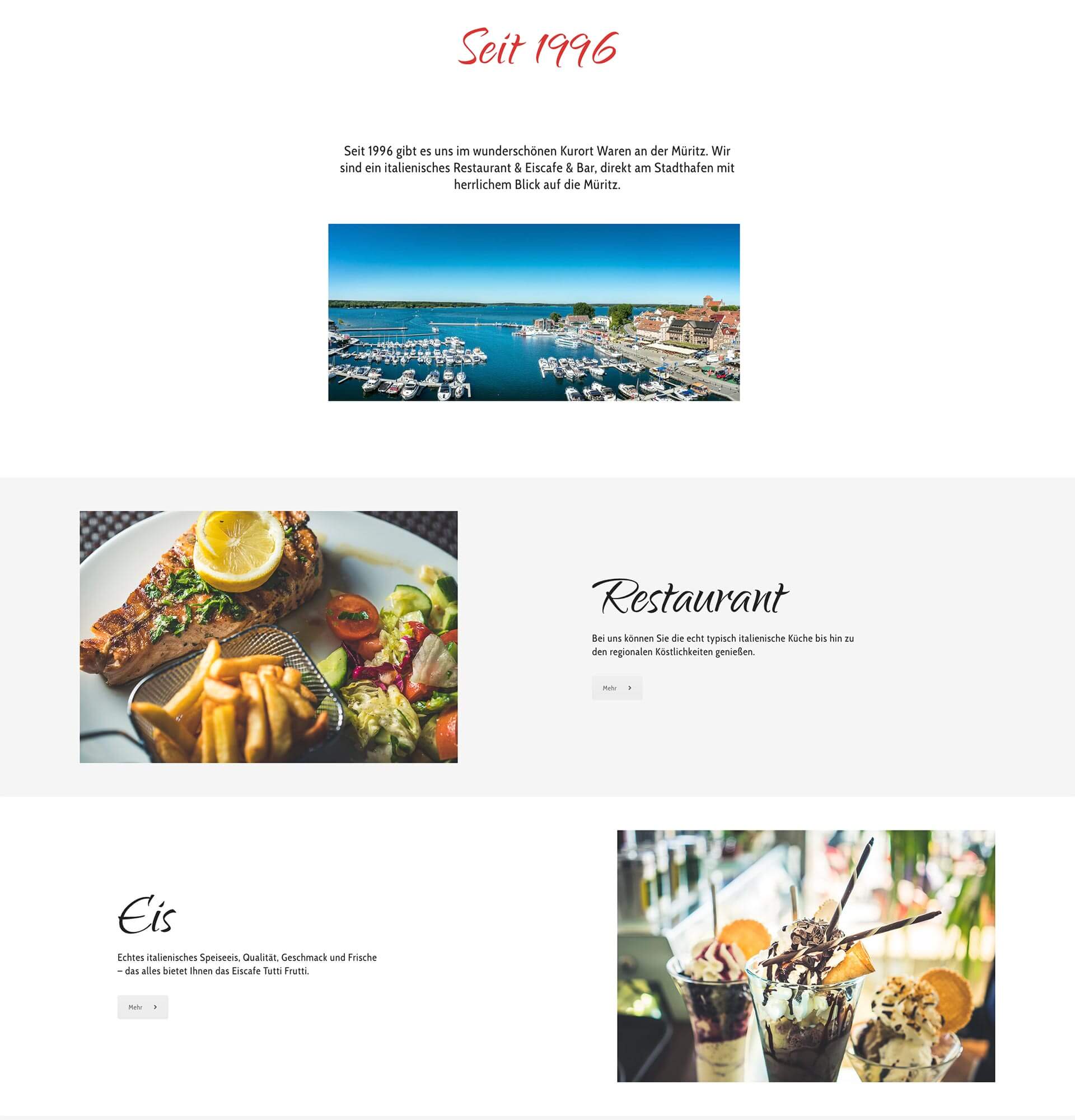 „Webdesign Projekt Ristorante Venezia Waren an der Müritz – Website Mockup mit Hafenaufnahme und Food Fotografie von Milan Istvan